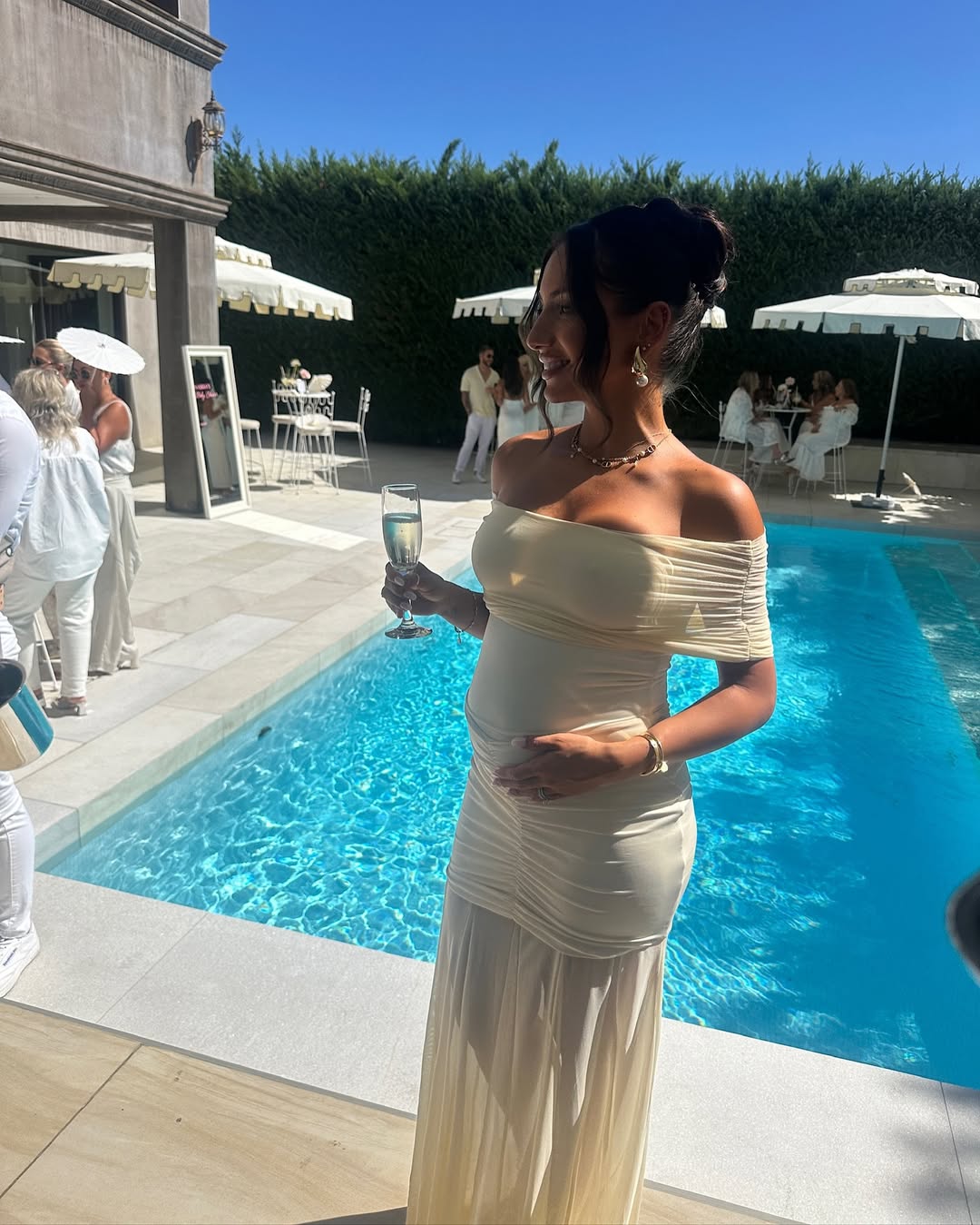 Michaela | Maternity Off-Shoulder Pleated Mesh Maxi Dress